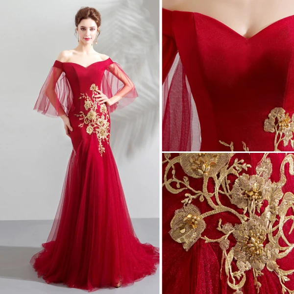 Chic / Belle Rouge Robe De Soirée 2019 Trompette / Sirène De l'épaule Paillettes En Dentelle Fleur Manches Courtes Dos Nu Train De Balayage Robe De Ceremonie