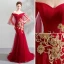 Chic / Belle Rouge Robe De Soirée 2019 Trompette / Sirène De l'épaule Paillettes En Dentelle Fleur Manches Courtes Dos Nu Train De Balayage Robe De Ceremonie