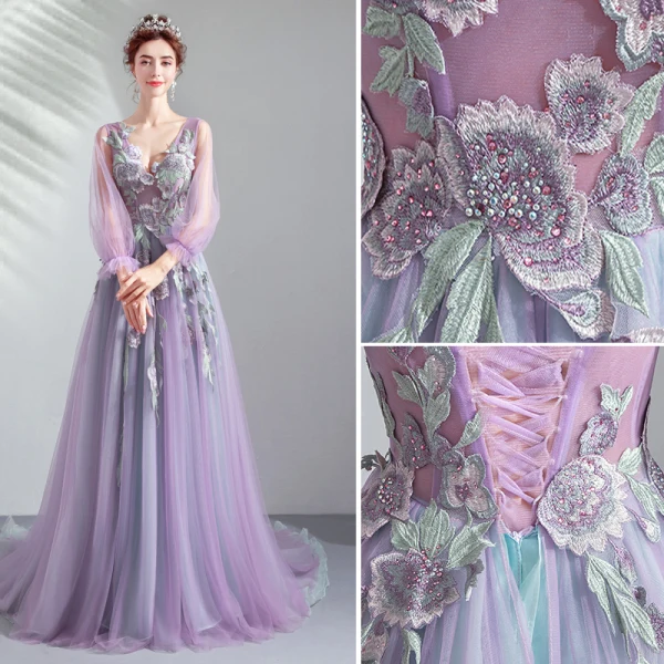 Élégant Lavande Robe De Bal 2019 Princesse V-Cou En Dentelle Appliques Faux Diamant 3/4 Manches Dos Nu Train De Balayage Robe De Ceremonie