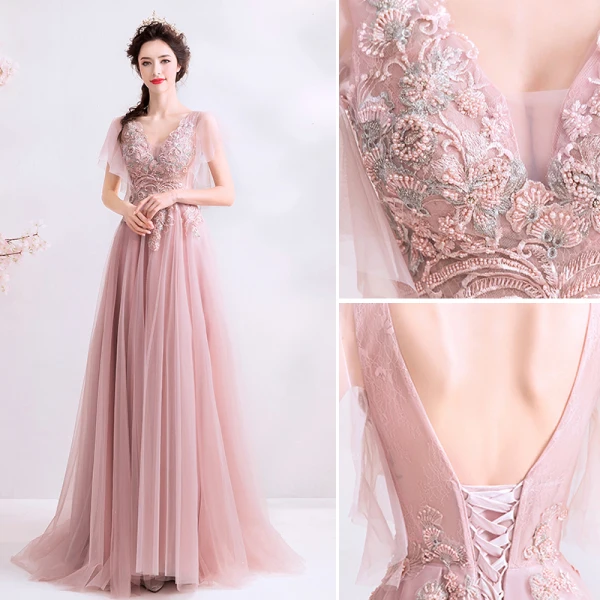 Elegant Pearl Pink Prom Dresses 2019 A-Line / Princess Beading Pearl Lace Flower V-Neck Short Sleeve Backless Floor-Length / Long Formal Dresses
