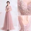 Elegant Pearl Pink Prom Dresses 2019 A-Line / Princess Beading Pearl Lace Flower V-Neck Short Sleeve Backless Floor-Length / Long Formal Dresses