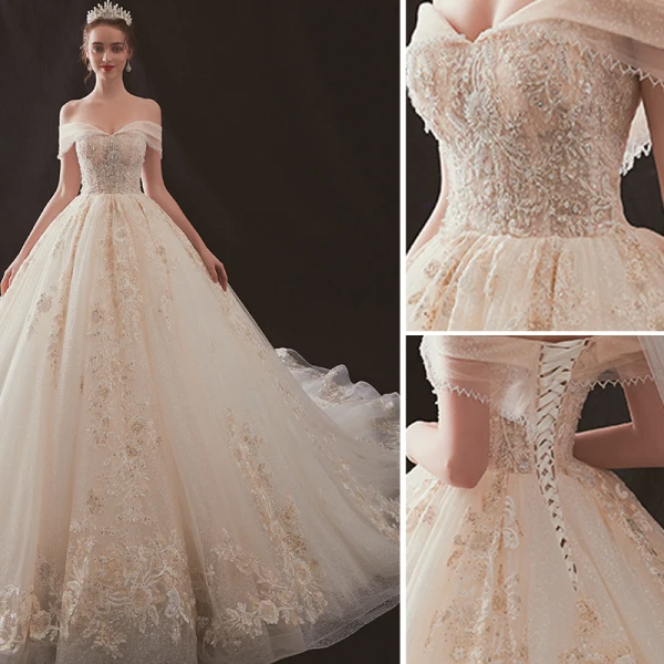 Luxe Champagne Robe De Mariée 2019 Princesse De l'épaule Perlage Paillettes En Dentelle Fleur Sans Manches Dos Nu Cathedral Train