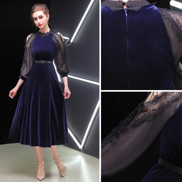 Elegant Dark Green Evening Dresses  2019 A-Line / Princess Suede Sash Scoop Neck 3/4 Sleeve Tea-length Formal Dresses