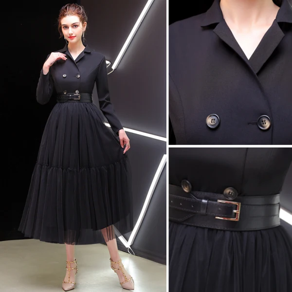 Elegant Black Evening Dresses  2019 A-Line / Princess V-Neck Sash Long Sleeve Tea-length Formal Dresses