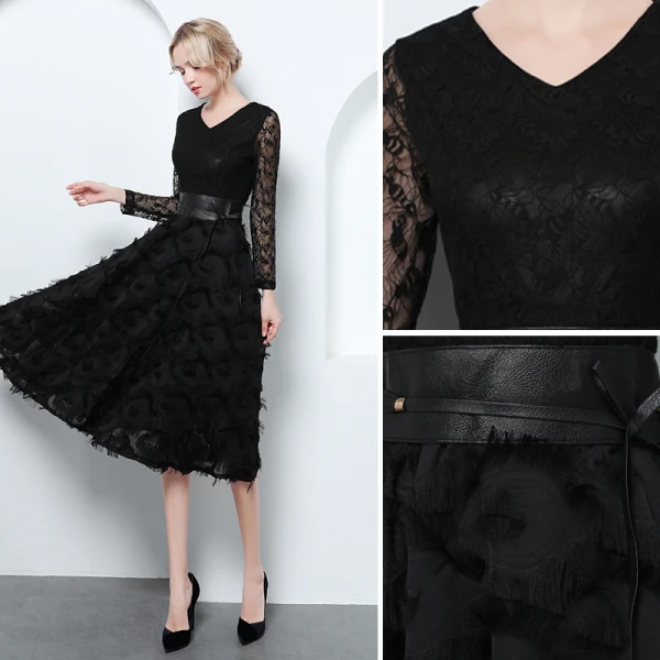Elegant Black Evening Dresses  2019 A-Line / Princess V-Neck Lace Tassel Bow Long Sleeve Knee-Length Formal Dresses