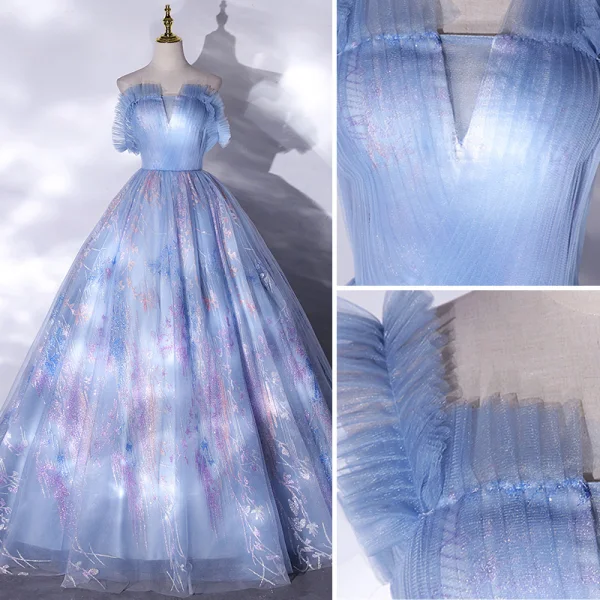 Elegant Sky Blue Glitter Prom Dresses 2021 Ball Gown Ruffle Square Neckline Sleeveless Backless Floor-Length / Long Formal Dresses
