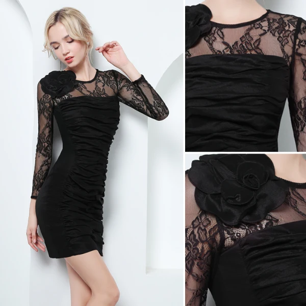 Sexy Noire Robe De Soirée 2019 Encolure Dégagée Appliques En Dentelle Manches Longues Courte Robe De Ceremonie