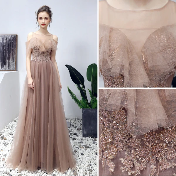 Élégant Robe De Bal 2019 Princesse Encolure Dégagée Perlage Paillettes En Dentelle Fleur Manches Courtes Dos Nu Longue Robe De Ceremonie