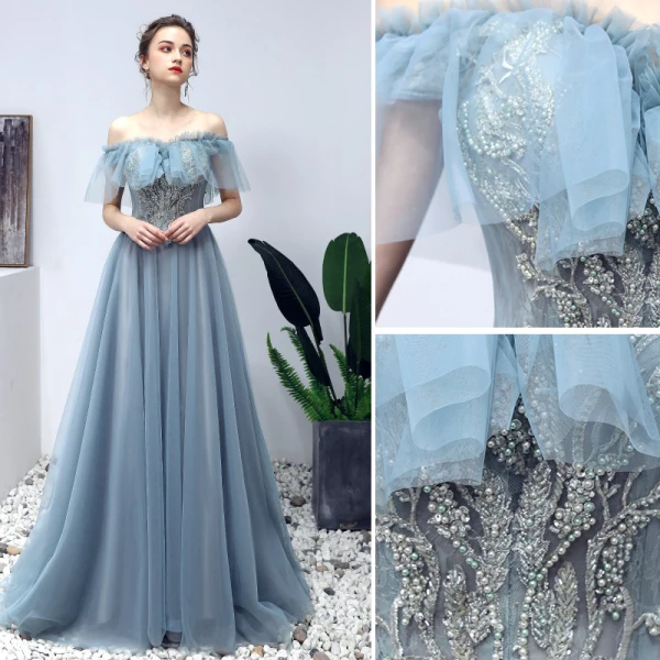 Élégant Bleu Robe De Bal 2019 Princesse De l'épaule Perlage Perle En Dentelle Fleur Manches Courtes Dos Nu Longue Robe De Ceremonie