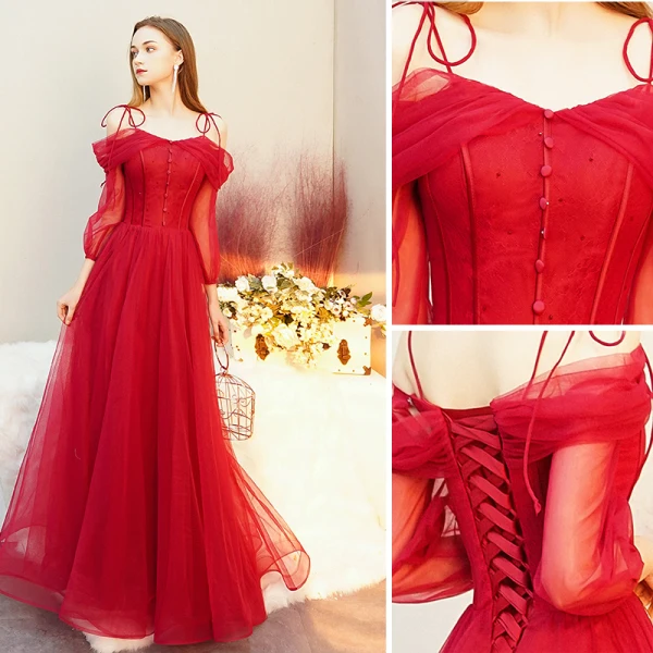 Chic / Belle Rouge Robe De Soirée 2019 Princesse Bretelles Spaghetti Noeud Dos Nu 3/4 Manches Longue Robe De Ceremonie