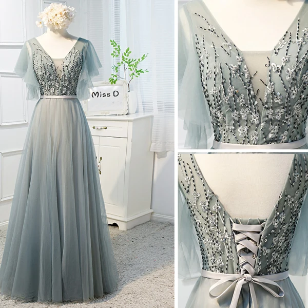 Chic / Beautiful Sage Green Prom Dresses 2019 A-Line / Princess V-Neck Beading Sequins Lace Flower Short Sleeve Backless Bow Floor-Length / Long Formal Dresses