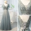 Chic / Beautiful Sage Green Prom Dresses 2019 A-Line / Princess V-Neck Beading Sequins Lace Flower Short Sleeve Backless Bow Floor-Length / Long Formal Dresses