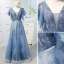 Chic / Beautiful Pool Blue Prom Dresses 2019 A-Line / Princess V-Neck Lace Short Sleeve Backless Bow Floor-Length / Long Formal Dresses