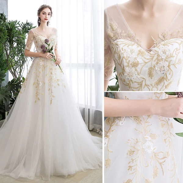 Abordable Ivoire Robe De Mariée 2019 Princesse V-Cou Paillettes En Dentelle Fleur Manches Courtes Dos Nu Train De Balayage