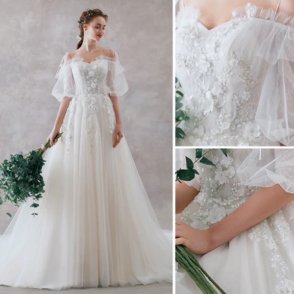 Elegant Ivory Wedding Dresses 2019 A-Line / Princess Spaghetti Straps Bow Appliques Lace Flower Sequins Short Sleeve Backless Court Train