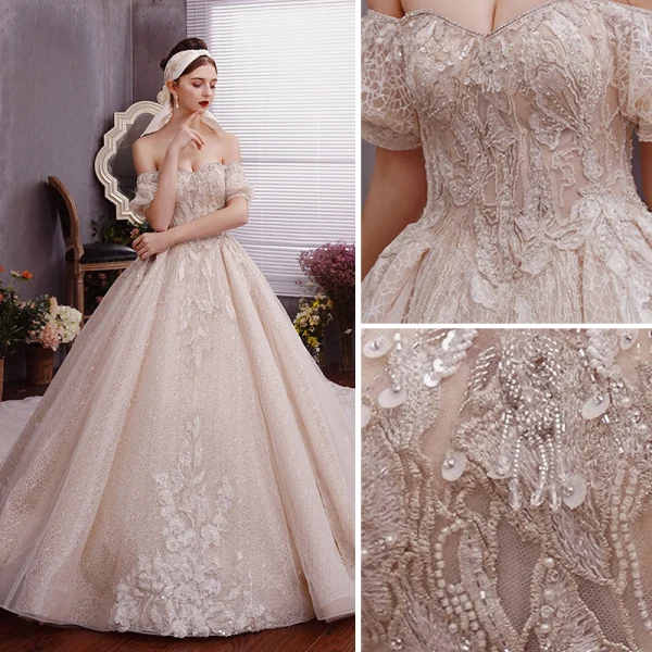 Charmant Champagner Brautkleider / Hochzeitskleider 2019 A Linie Off Shoulder Perlenstickerei Kristall Pailletten Perle Ärmellos Rückenfreies Königliche Schleppe
