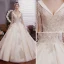 Charmant Champagner Brautkleider / Hochzeitskleider Ballkleid 2019 Tiefer V-Ausschnitt Perlenstickerei Quaste Perle Spitze Blumen Pailletten Kurze Ärmel Rückenfreies Königliche Schleppe