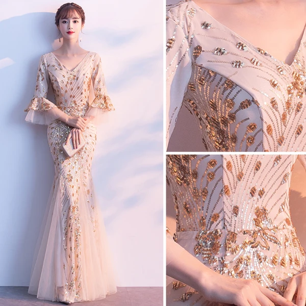 Charming Champagne Evening Dresses 2019 Trumpet / Mermaid V-Neck Sequins Bell sleeves Backless Floor-Length / Long Formal Dresses