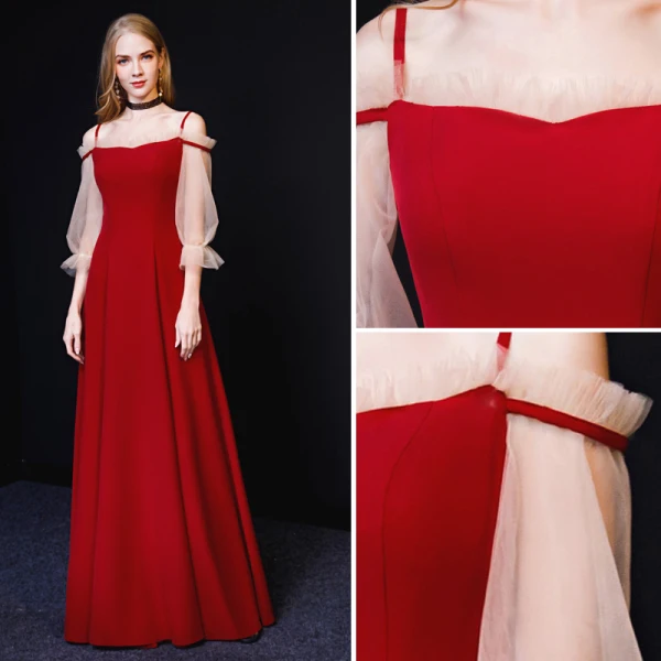 Chic / Belle Bordeaux Robe De Soirée 2019 Princesse Bretelles Spaghetti 3/4 Manches Dos Nu Longue Robe De Ceremonie