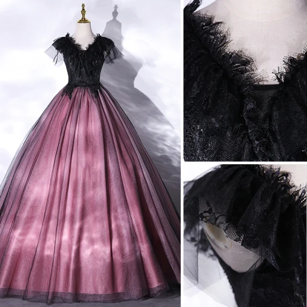 Elegant Purple Lace Flower Prom Dresses 2021 A-Line / Princess V-Neck Beading Short Sleeve Floor-Length / Long Formal Dresses