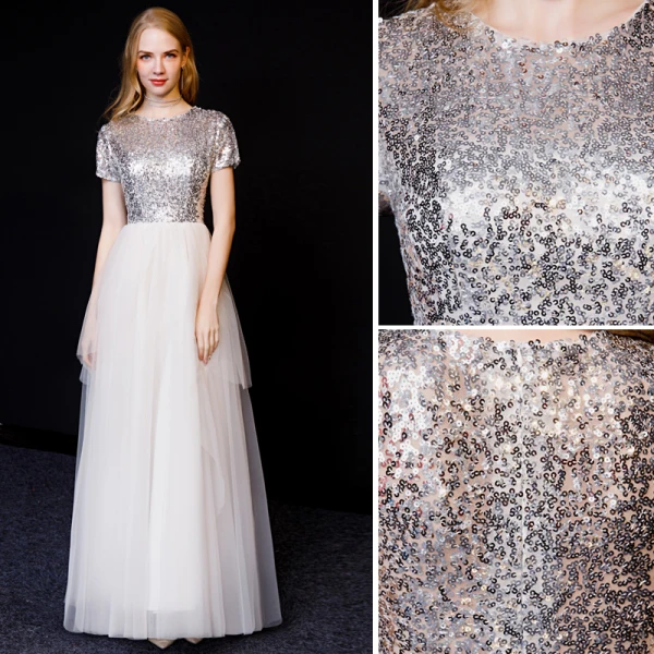 Chic / Belle Blanche Robe De Soirée 2019 Princesse Encolure Dégagée Paillettes Manches Courtes Longue Robe De Ceremonie