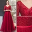 Chic / Beautiful Burgundy Evening Dresses  2019 A-Line / Princess V-Neck Lace Sequins 1/2 Sleeves Backless Floor-Length / Long Formal Dresses