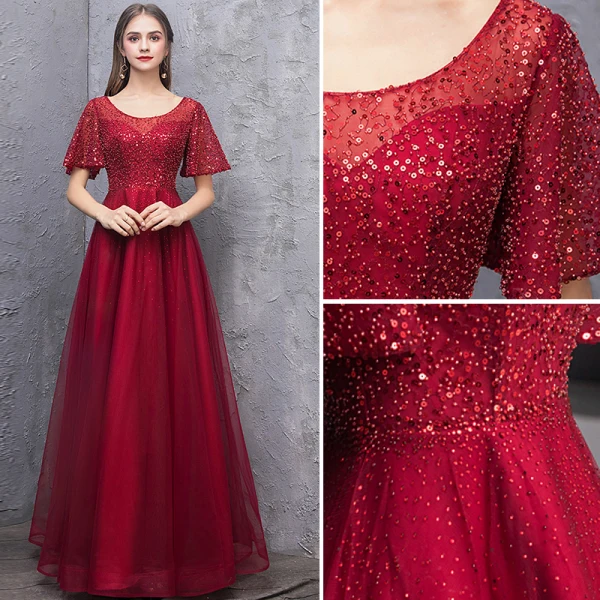 Charming Burgundy Evening Dresses  2019 A-Line / Princess Scoop Neck Sequins Short Sleeve Backless Floor-Length / Long Formal Dresses