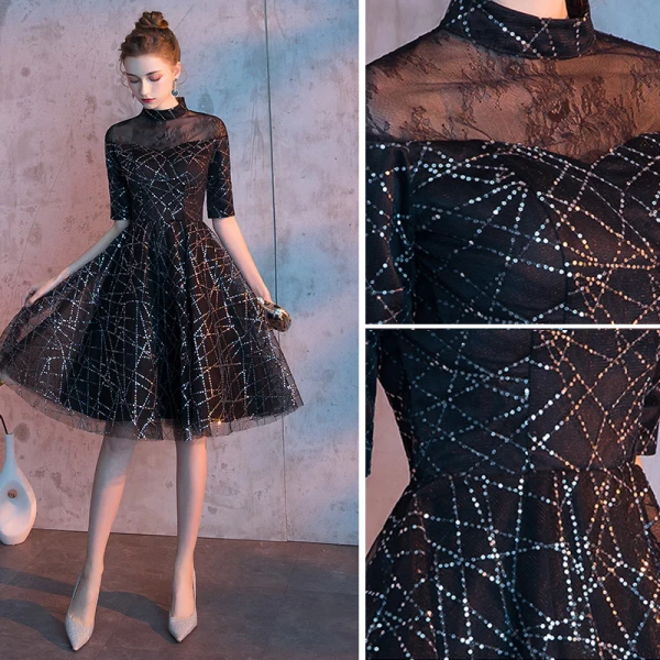 Chic / Beautiful Black Homecoming Graduation Dresses 2019 A-Line / Princess High Neck 1/2 Sleeves Sequins Knee-Length Formal Dresses