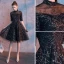 Chic / Beautiful Black Homecoming Graduation Dresses 2019 A-Line / Princess High Neck 1/2 Sleeves Sequins Knee-Length Formal Dresses