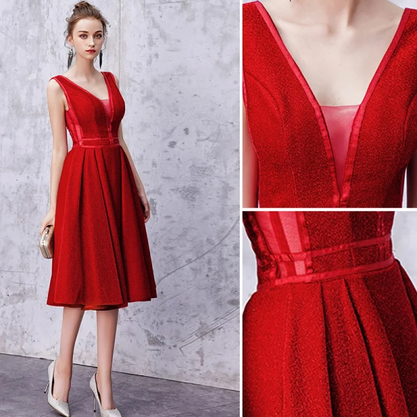 Chic / Beautiful Burgundy Homecoming Graduation Dresses 2019 A-Line / Princess V-Neck Sleeveless Backless Knee-Length Formal Dresses