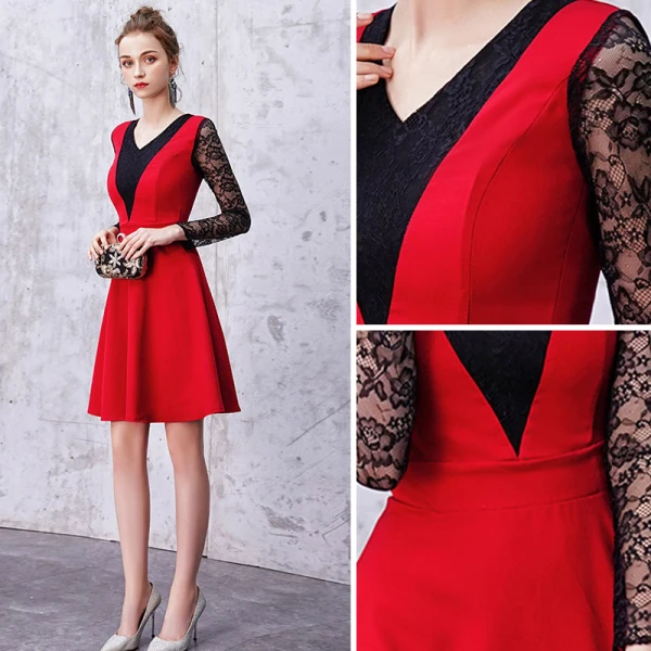 Chic / Beautiful Black Burgundy Homecoming Graduation Dresses 2019 A-Line / Princess V-Neck Lace Flower 3/4 Sleeve Knee-Length Formal Dresses