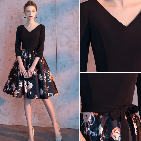 Chic / Beautiful Black Party Dresses 2019 A-Line / Princess V-Neck Bow Printing 3/4 Sleeve Backless Short Formal Dresses