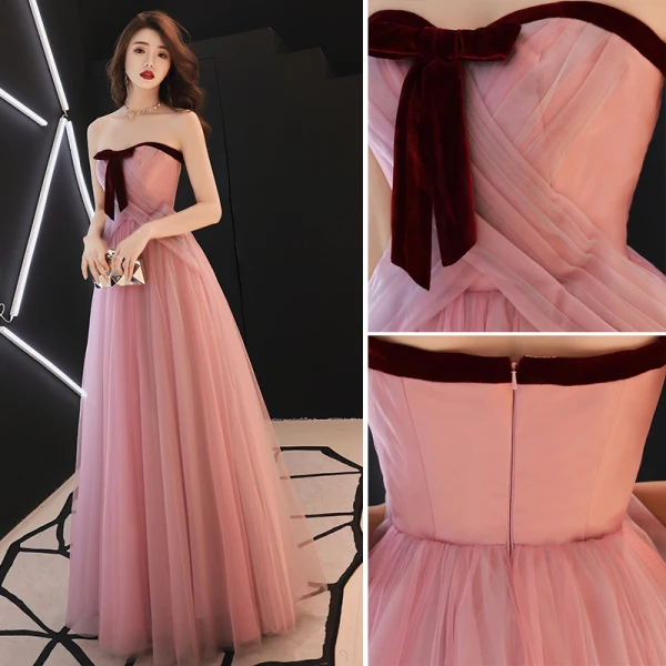 Elegant Blushing Pink Formal Dresses 2019 A-Line / Princess Strapless Bow Sleeveless Backless Floor-Length / Long Prom Dresses
