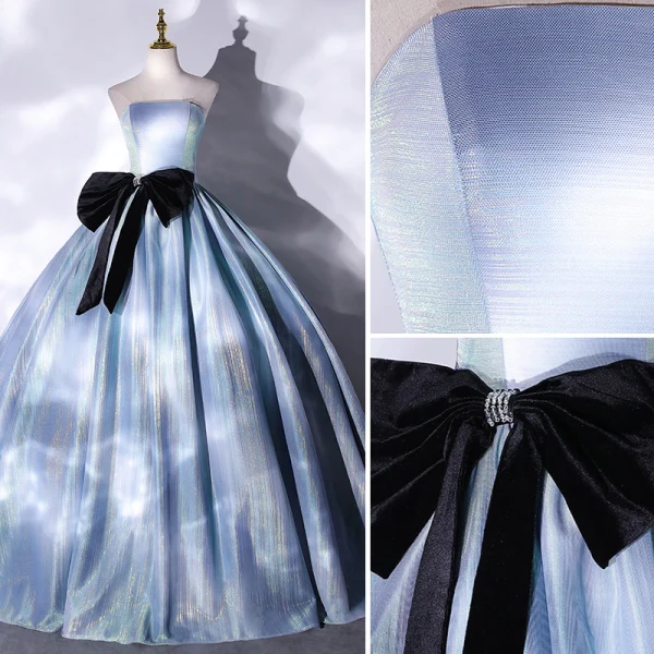 Illusion Sky Blue Prom Dresses 2021 Ball Gown Strapless Bow Sleeveless Backless Floor-Length / Long Formal Dresses