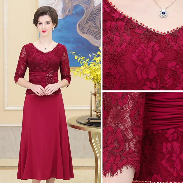 Elegant Burgundy Mother Of The Bride Dresses 2019 A-Line / Princess V-Neck Crystal Lace Flower 1/2 Sleeves Tea-length Wedding Party Dresses