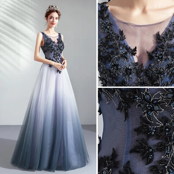 Élégant Dégradé De Couleur Robe De Soirée 2019 Princesse Encolure Dégagée Perlage Paillettes Perle Cristal En Dentelle Fleur Sans Manches Dos Nu Longue Robe De Ceremonie