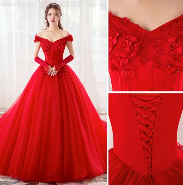 Chic / Beautiful Red Wedding Dresses 2019 A-Line / Princess Off-The-Shoulder Pearl Rhinestone Appliques Lace Flower Short Sleeve Backless Cathedral Train