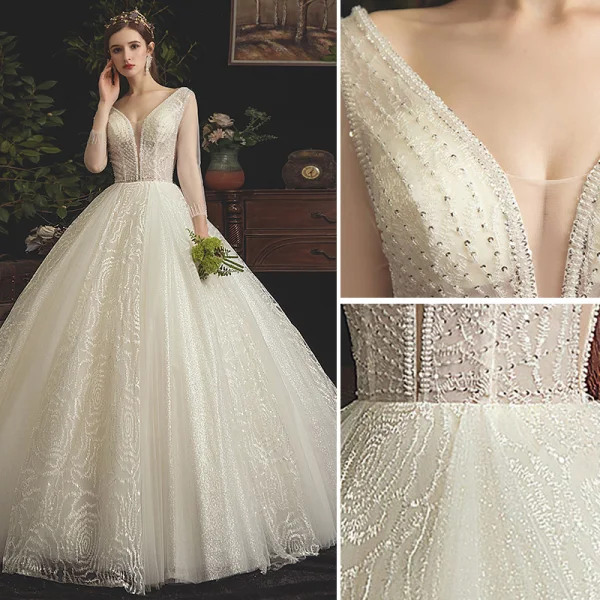 Élégant Champagne Robe De Mariée 2019 Princesse V-Cou Perlage En Dentelle Paillettes 3/4 Manches Dos Nu Longue
