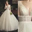 Élégant Champagne Robe De Mariée 2019 Princesse V-Cou Perlage En Dentelle Paillettes 3/4 Manches Dos Nu Longue