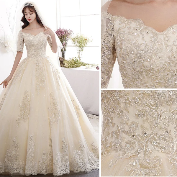 Charming Champagne Wedding Dresses 2019 A-Line / Princess Off-The-Shoulder Sequins Pearl Lace Flower Short Sleeve Cathedral Train
