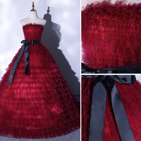 Mode Bordeaux Ruche Galajurken 2021 Baljurk Strapless Strik Mouwloos Ruglooze Lange Gelegenheid Jurken