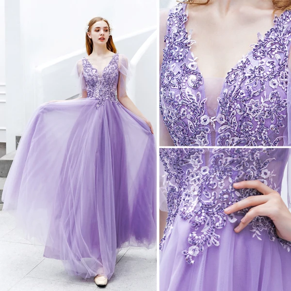 Élégant Lavande Robe De Soirée 2019 Princesse V-Cou Perlage Cristal En Dentelle Fleur Manches Courtes Dos Nu Longue Robe De Ceremonie