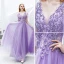 Élégant Lavande Robe De Soirée 2019 Princesse V-Cou Perlage Cristal En Dentelle Fleur Manches Courtes Dos Nu Longue Robe De Ceremonie