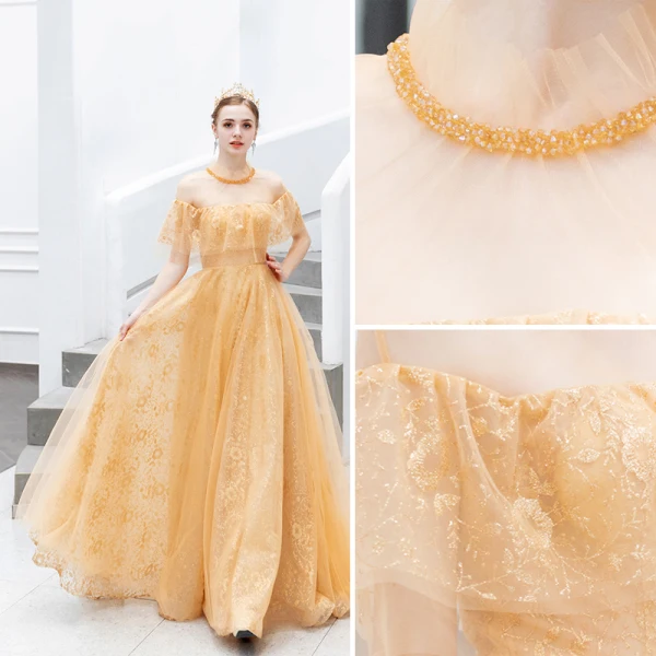 Charming Gold Evening Dresses 2019 A-Line / Princess Scoop Neck Beading Crystal Sequins Lace Flower Short Sleeve Backless Floor-Length / Long Formal Dresses