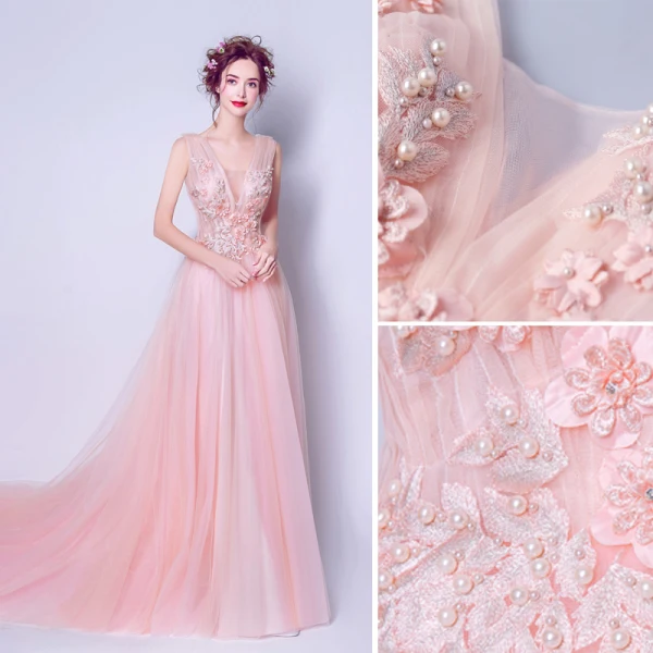 Elegant Pearl Pink Evening Dresses 2019 A-Line / Princess V-Neck Pearl Sequins Appliques Lace Flower Sleeveless Backless Chapel Train Formal Dresses