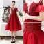 Chic / Beautiful Burgundy Homecoming Graduation Dresses 2019 A-Line / Princess Scoop Neck Beading Crystal Lace Flower Short Sleeve Backless Knee-Length Formal Dresses