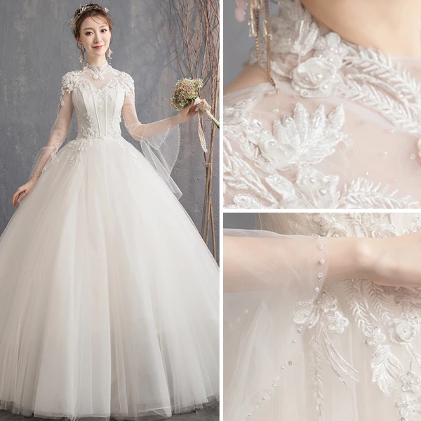 Élégant Champagne Robe De Mariée 2019 Princesse Col Haut Appliques En Dentelle Fleur Perlage Perle Paillettes Manches Longues Dos Nu Longue