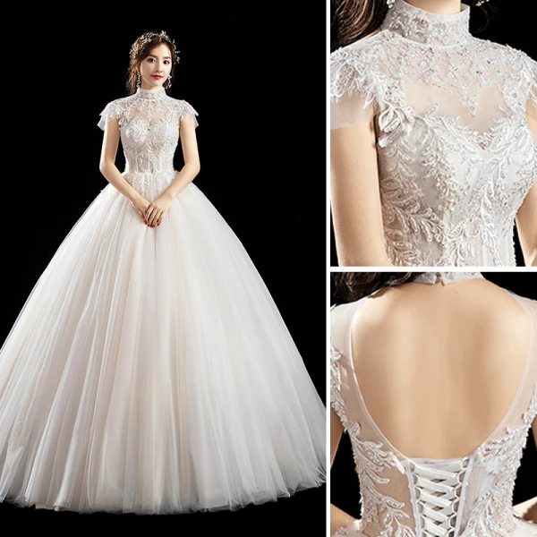 Chic / Belle Ivoire Robe De Mariée 2019 Princesse Col Haut Perlage Paillettes Appliques En Dentelle Fleur Manches Courtes Dos Nu Longue