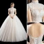 Chic / Belle Ivoire Robe De Mariée 2019 Princesse Col Haut Perlage Paillettes Appliques En Dentelle Fleur Manches Courtes Dos Nu Longue