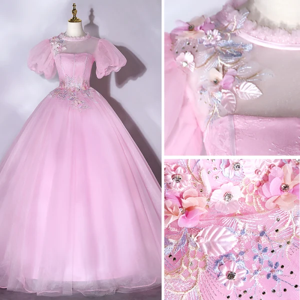 Elegant Candy Pink Prom Dresses 2021 Scoop Neck Pearl Rhinestone Lace Flower Short Sleeve Backless Floor-Length / Long Formal Dresses